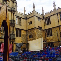 Bodleian Quad set up for Globe Theatre production of As You Like It